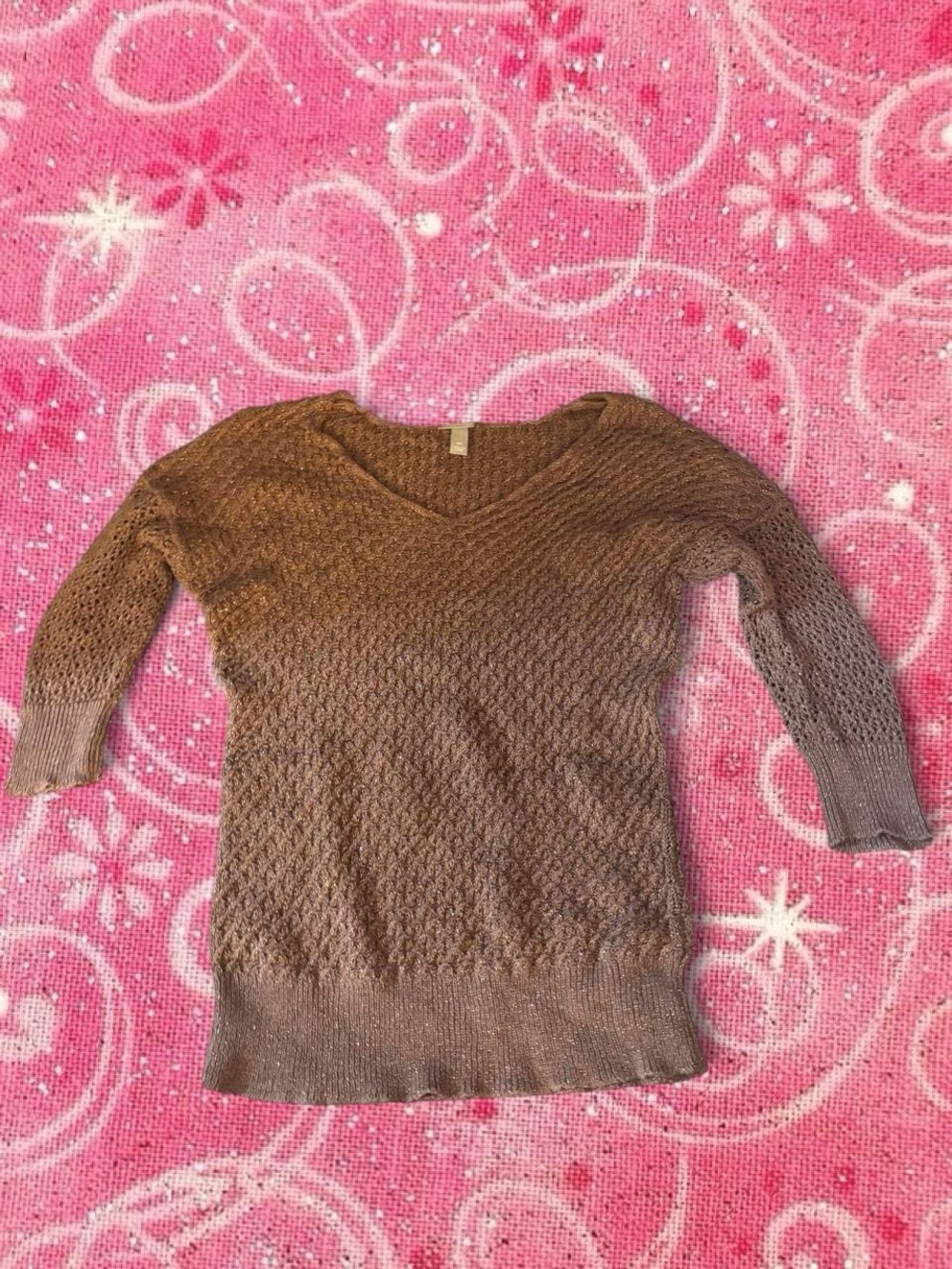 Vanity Brown V-Neck Textured Knit Long Sleeve Top